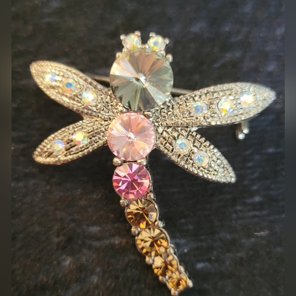 Dragonfly Brooch Pin Vintage Rhinestones Marcasite Silver, Pink and Amber Tones